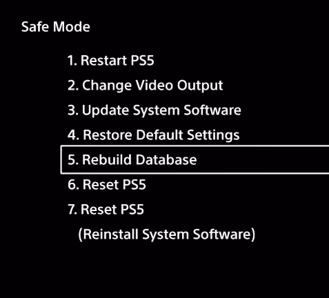 Foto van het scherm met het Safe Mode-menu en de optie 'Database herbouwen'
