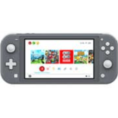 Grijze Nintendo Switch Lite met het startscherm en de gamepictogrammen in beeld