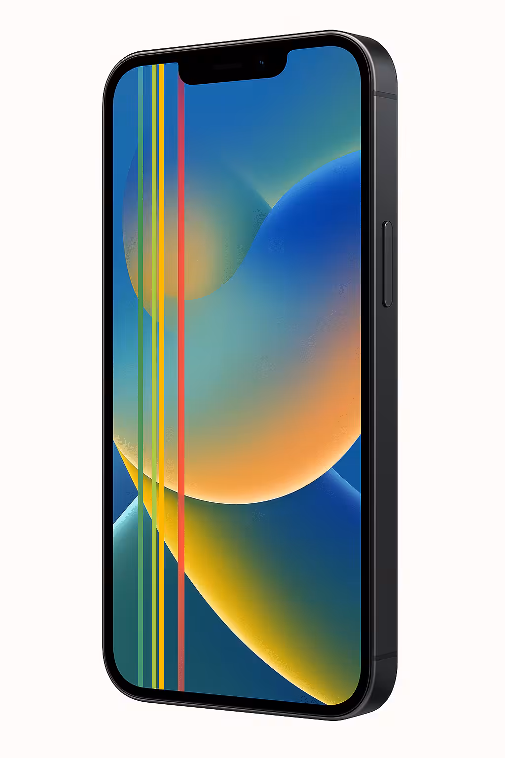 iPhone met felgroene en gele verticale lijnen over het beeldscherm, gefotografeerd onder een hoek