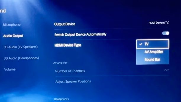 Instellingenmenu van de PS5 op het tv-scherm, waar de video- en audiouitvoer wordt aangepast