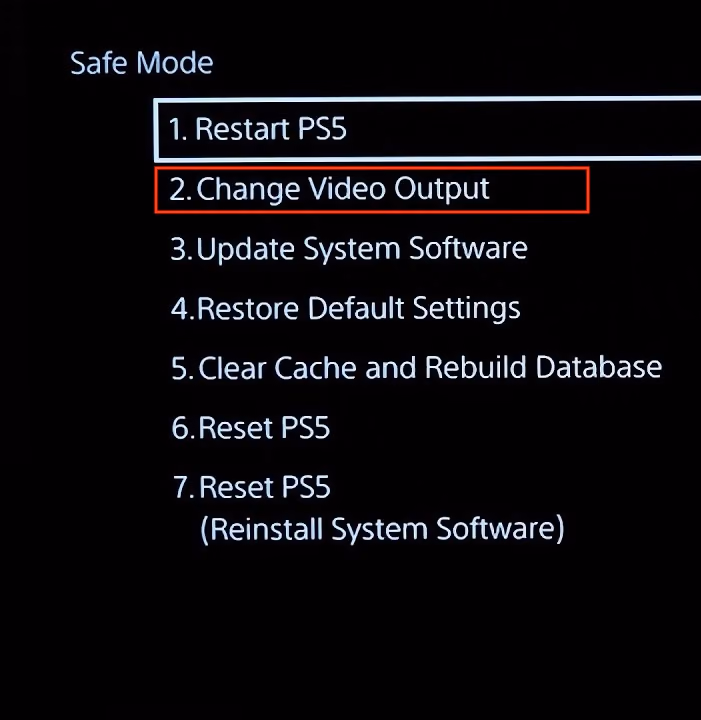 PS5 in Safe Mode op tv met de optie 'Video-uitvoer wijzigen' zichtbaar