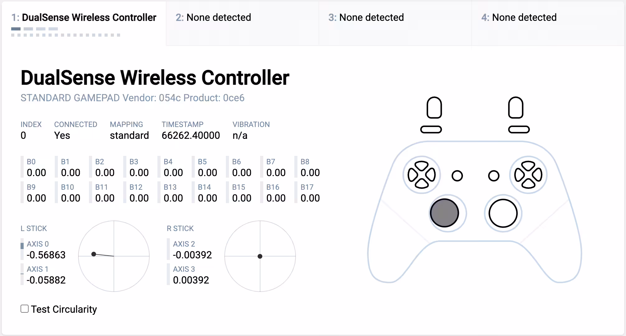 Drifttest van een PS5-controller: de controller ligt stil terwijl de stickstand wordt uitgelezen