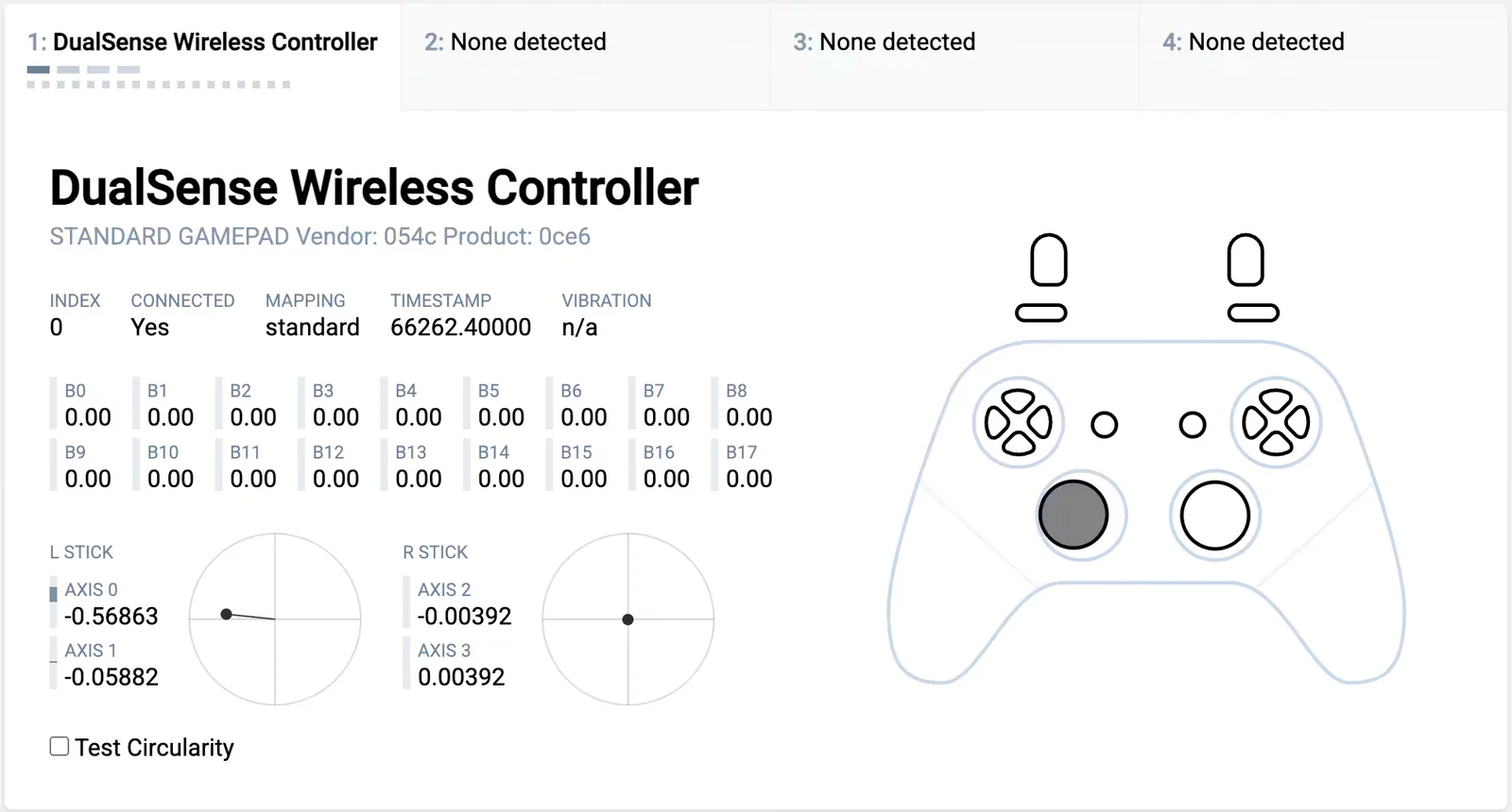 Drifttest van een PS5-controller: de controller ligt stil terwijl de stickstand wordt uitgelezen