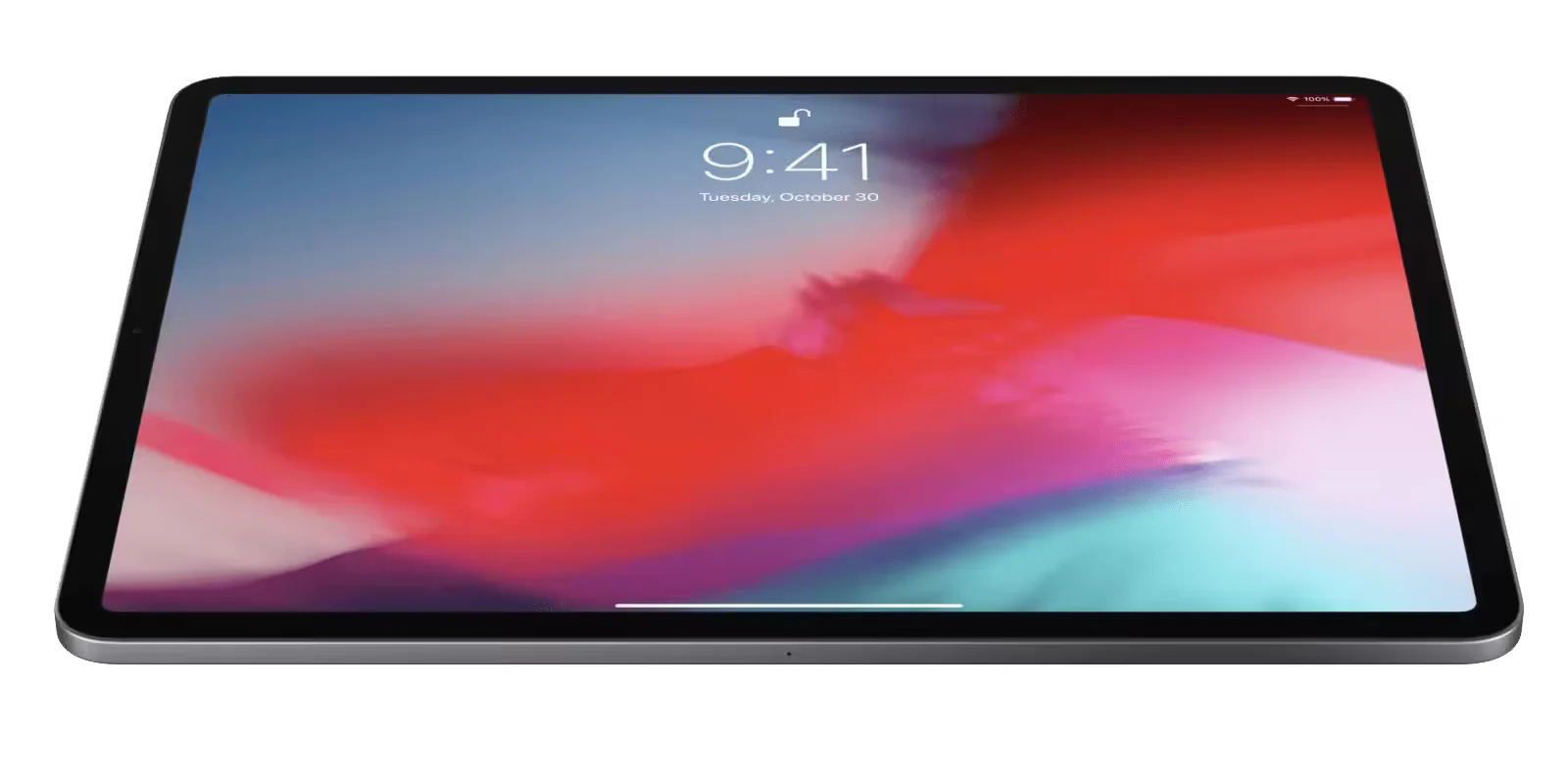 Een iPad Pro met smalle randen en een onbeschadigd scherm, schuin van voren gezien, met het vergrendelscherm en een rood-blauwe achtergrond