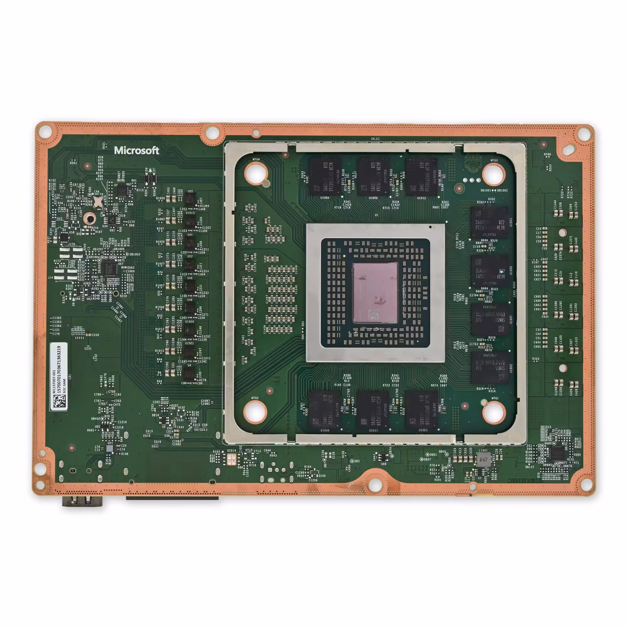 Moederbord van een Xbox Series X, met de processor onder het metalen frame